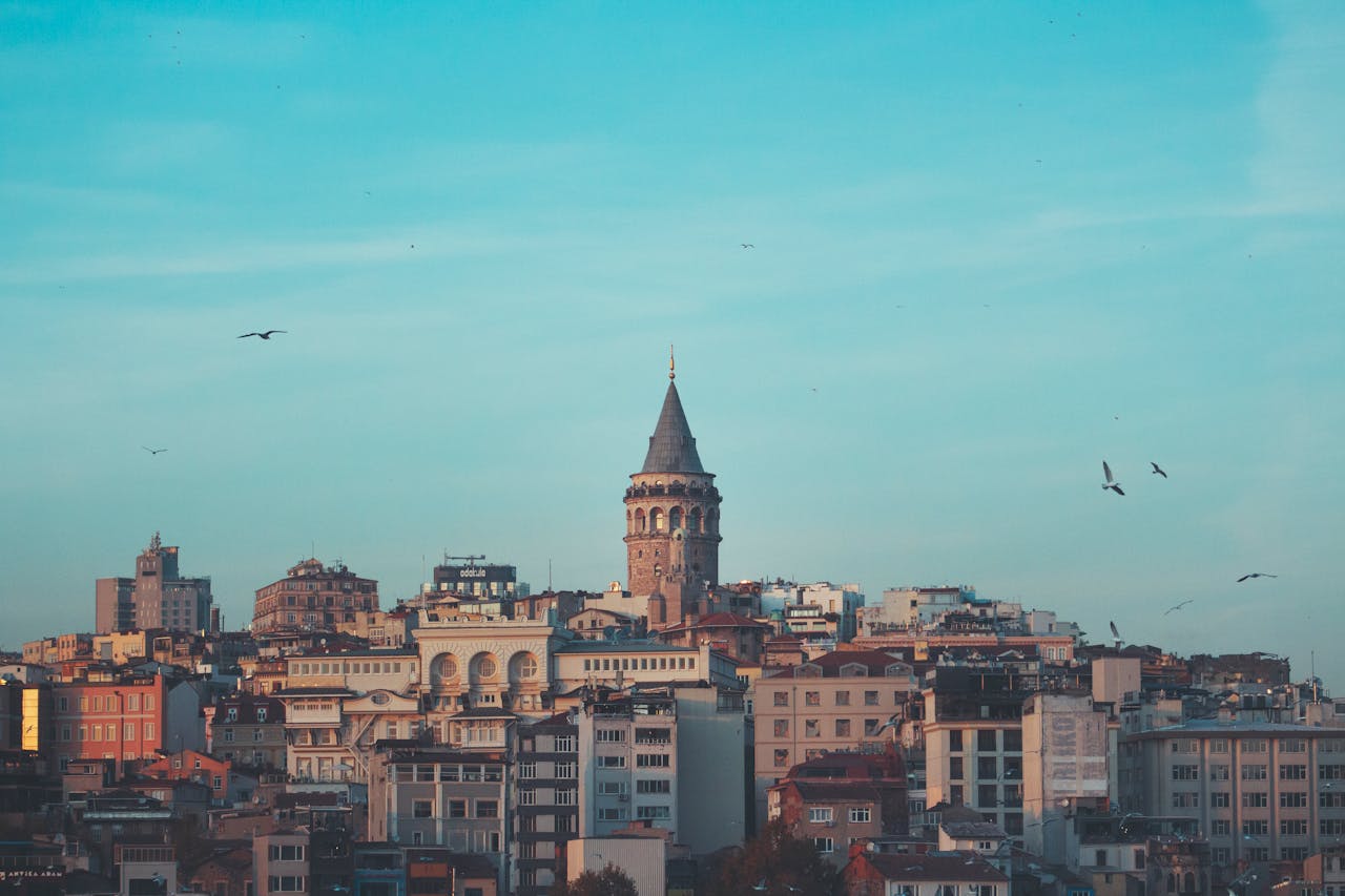 About Beautiful cityscape featuring the iconic Galata Tower under a blue sky in Istanbul.